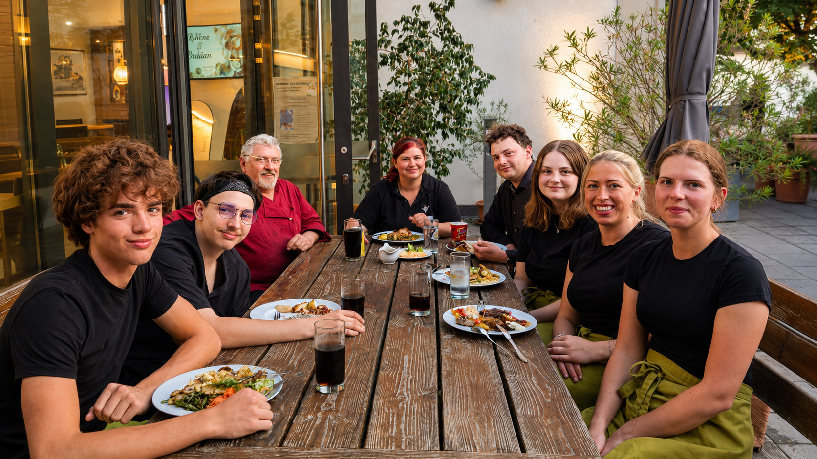 Brauereigeister der Alten Brauerei Mertingen gemeinsam bei einer Pause auf der Terrasse