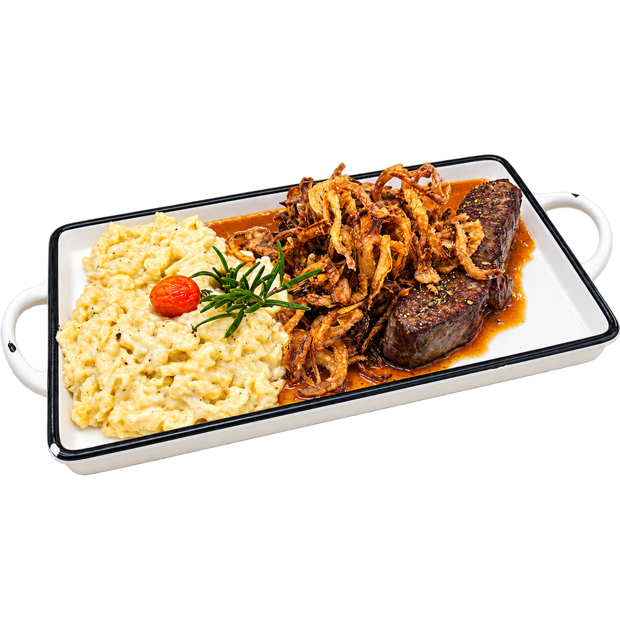 Zwiebelrostbraten mit Kässpatzen aus der Küche der Alten Brauerei