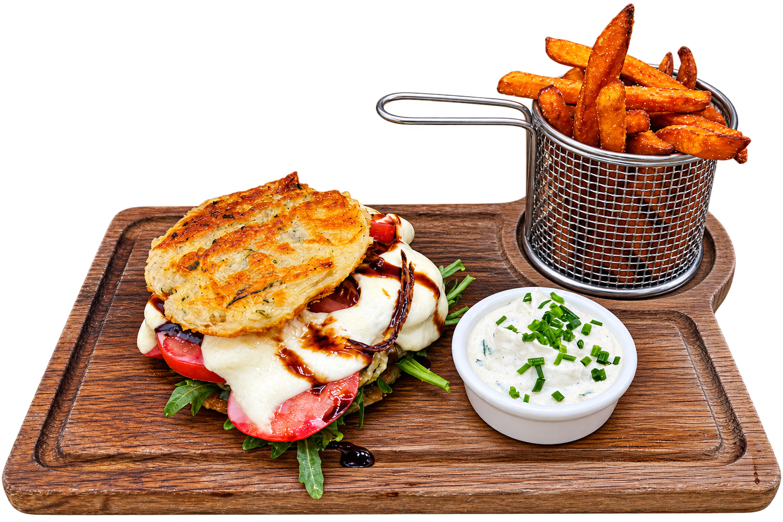 Caprese-Burger mit Süßkartoffelpommes